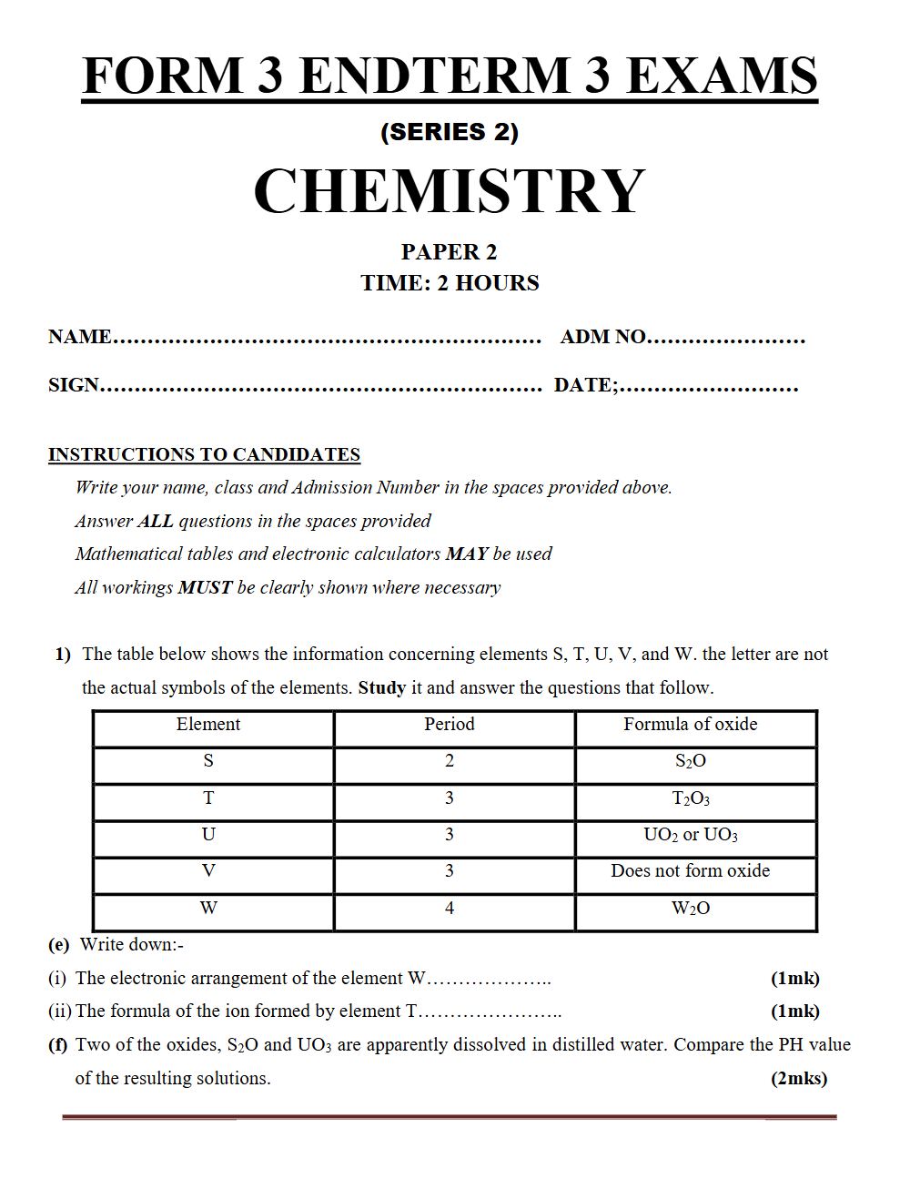 Thumbnail preview of Form 3 Chemistry Paper 2 Term 3 End Term 2026_2