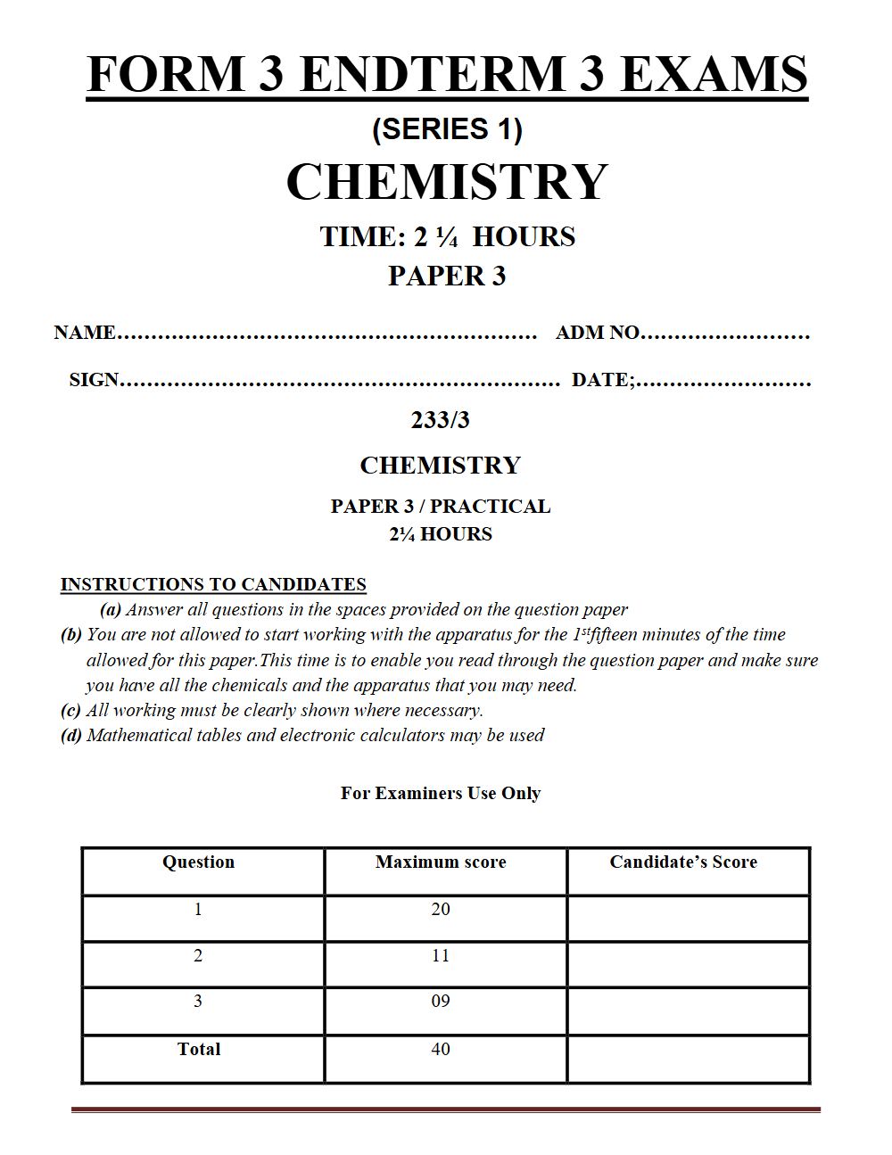 Thumbnail preview of Form 3 Chemistry Paper 3 Term 3 End Term 2026_1