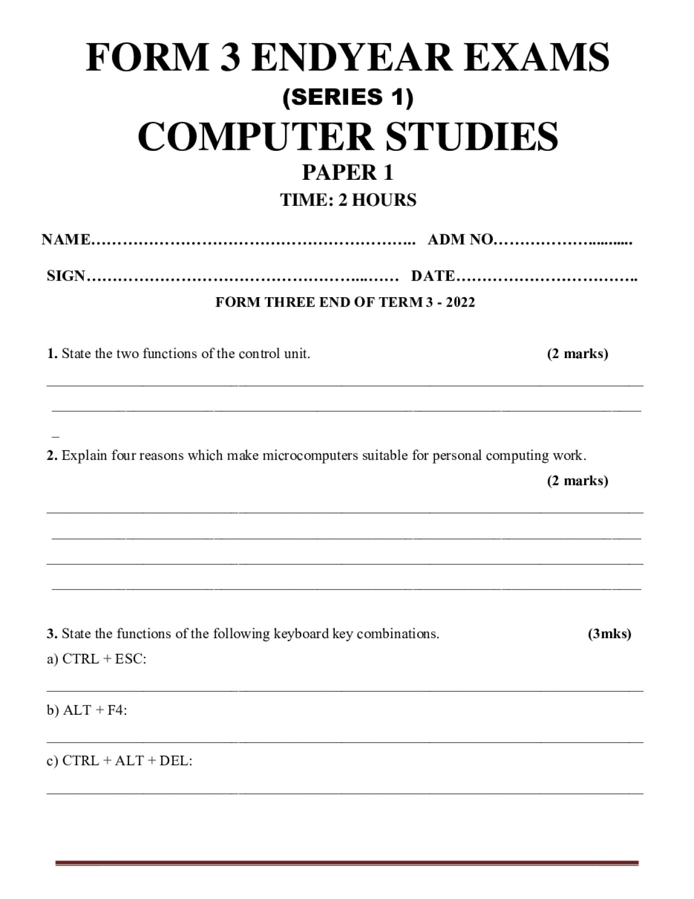 Thumbnail preview of Form 3 Computer Studies Paper 1 End Term 3 2026_1