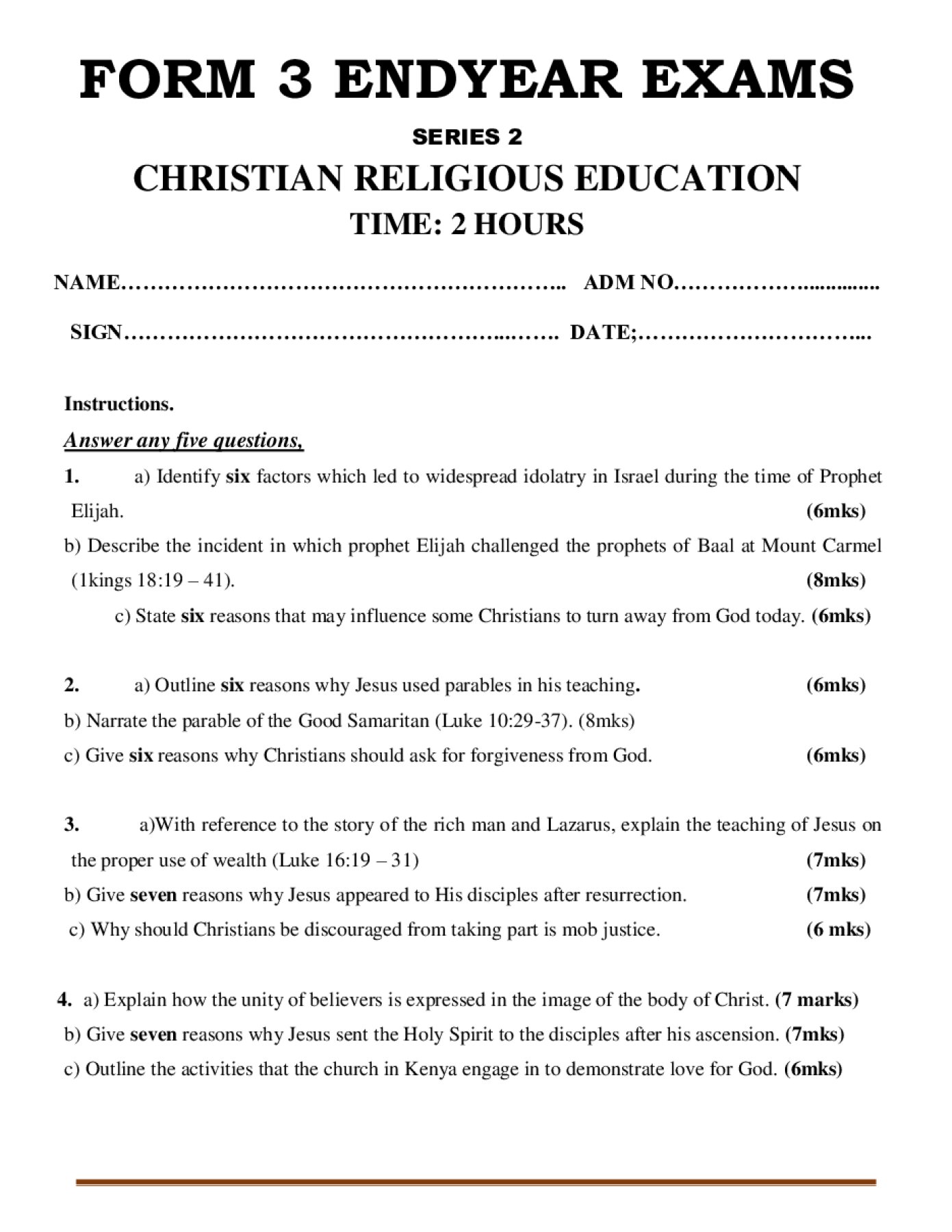 Preview of Form 3 Christian Religious Education (CRE) End-Term Exam 2026 – Set 2