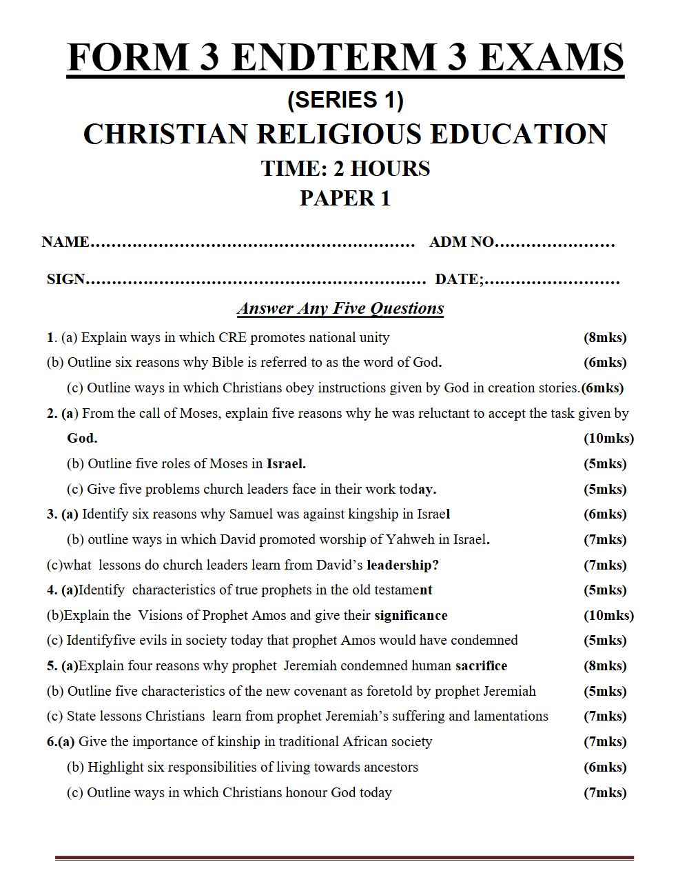Thumbnail preview of Form 3 CRE Paper 1 Term 3 End Term 2026_1