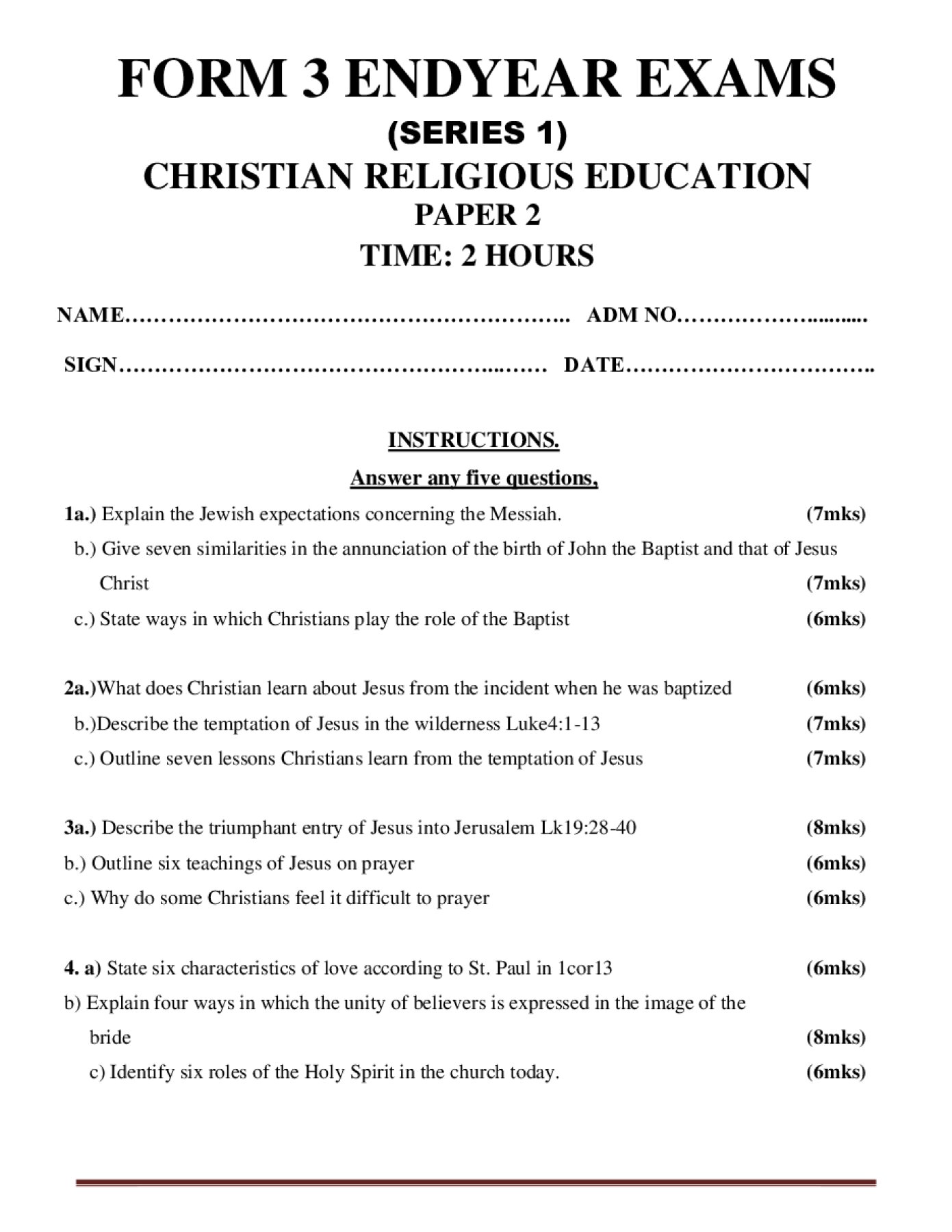 Preview of Form 3 Christian Religious Education (CRE) Term 3 End-Term Paper 2 Exam 2026