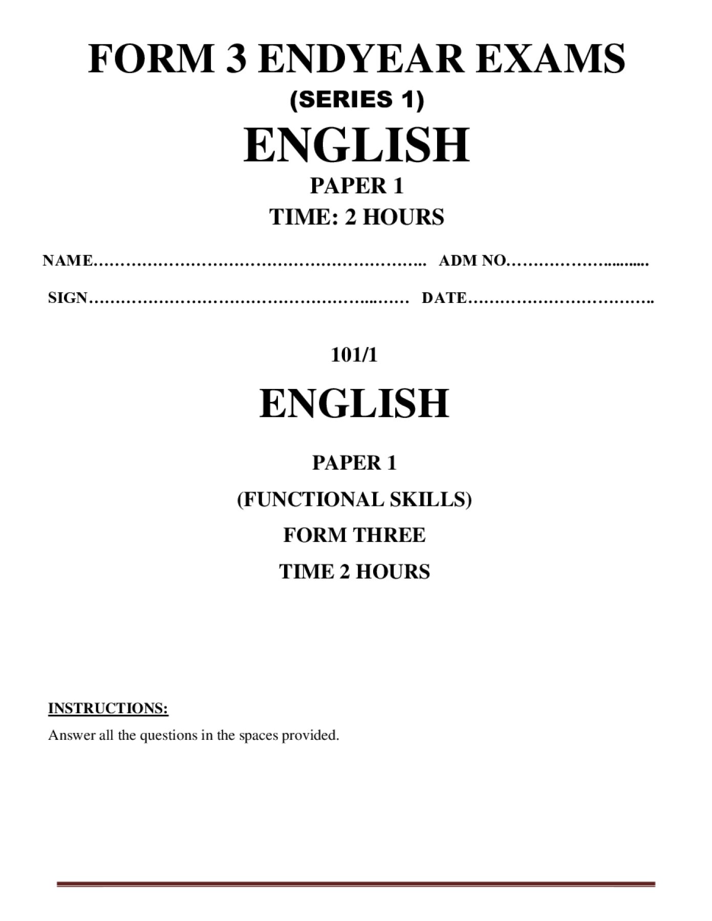Thumbnail preview of Form 3 English Paper 1 End Term 3 2026_1