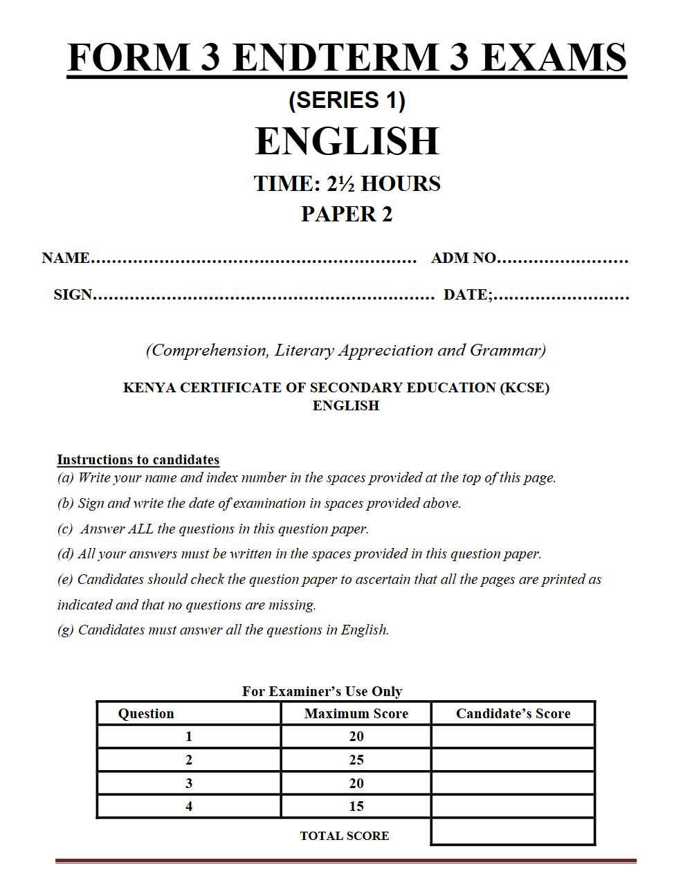 Thumbnail preview of Form 3 English Paper 2 Term 3 End Term 2026_1
