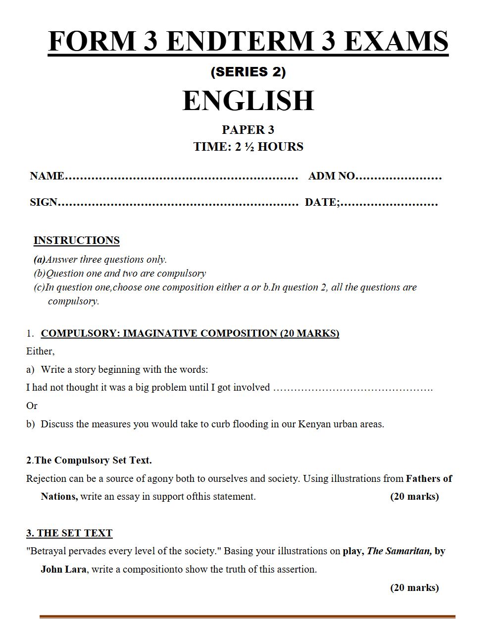 Thumbnail preview of Form 3 English Paper 3 Term 3 End Term 2026_2