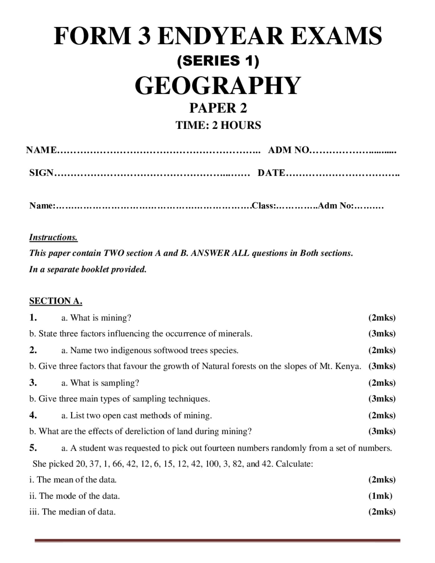 Thumbnail preview of Form 3 Geography Paper 2 End Term 3 2026_1