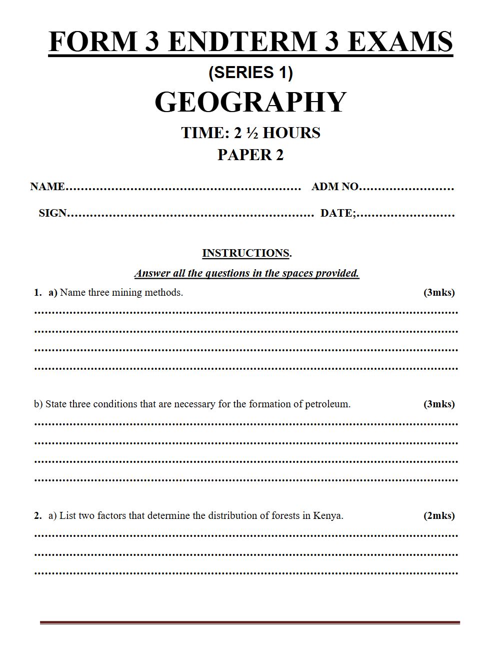Thumbnail preview of Form 3 Geography Paper 2 Term 3 End Term 2026_1