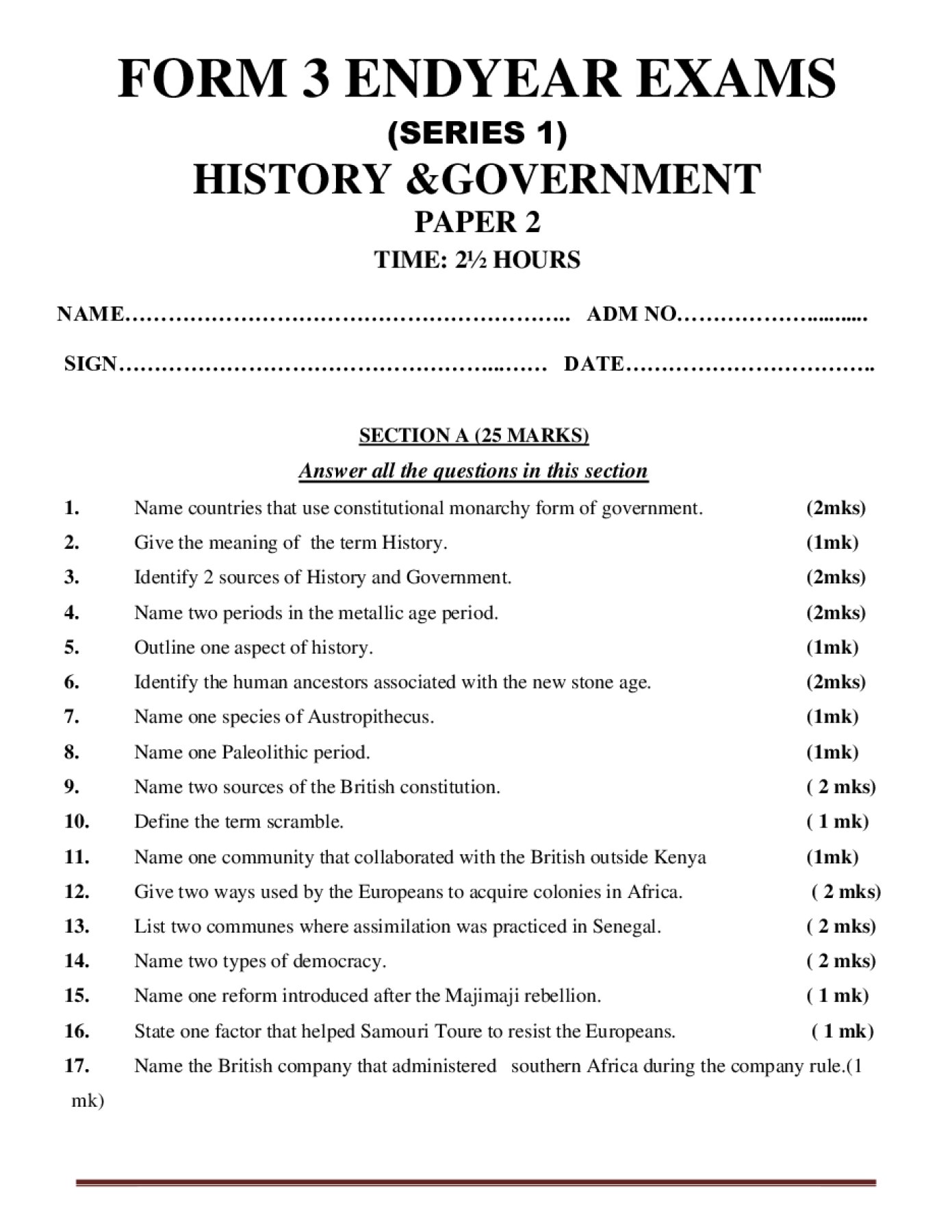 Thumbnail preview of Form 3 History and Government Paper 2 End Term 3 2026_1