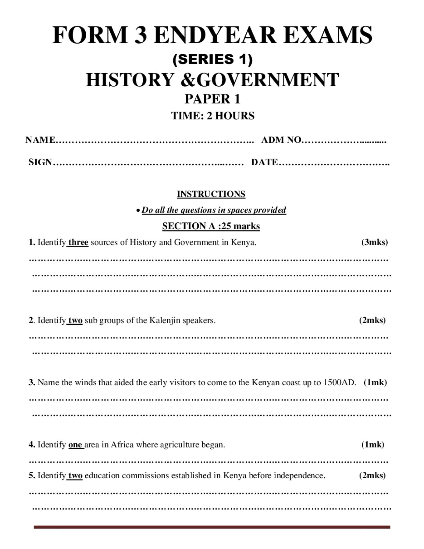 Preview of Form 3 History & Government Term 3 End-Term Paper 1 Exam 2026