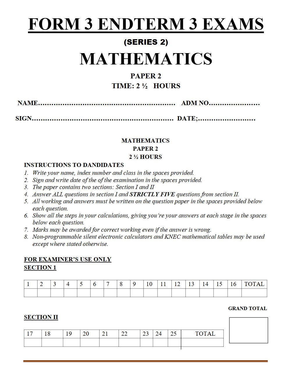 Thumbnail preview of Form 3 Mathematics Paper 2 Term 3 End Term 2026_2