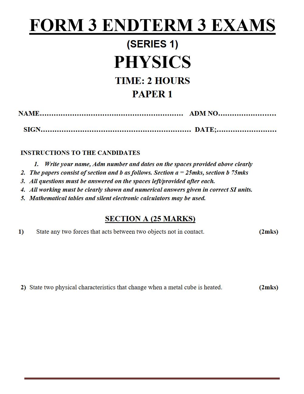 Thumbnail preview of Form 3 Physics Paper 1 Term 3 End Term 2026_1