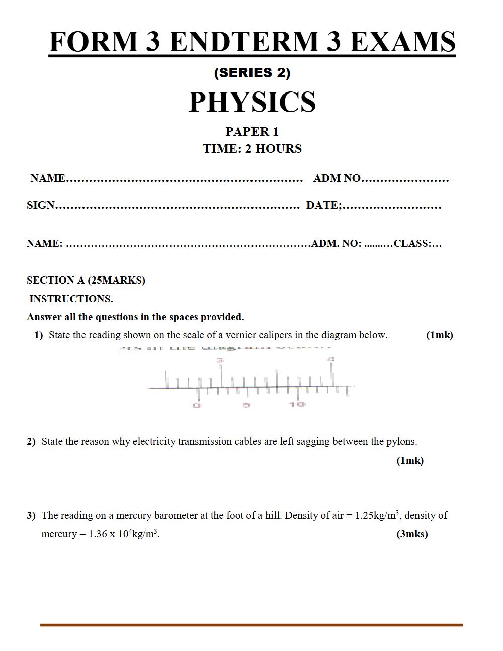 Thumbnail preview of Form 3 Physics Paper 1 Term 3 End Term 2026_2