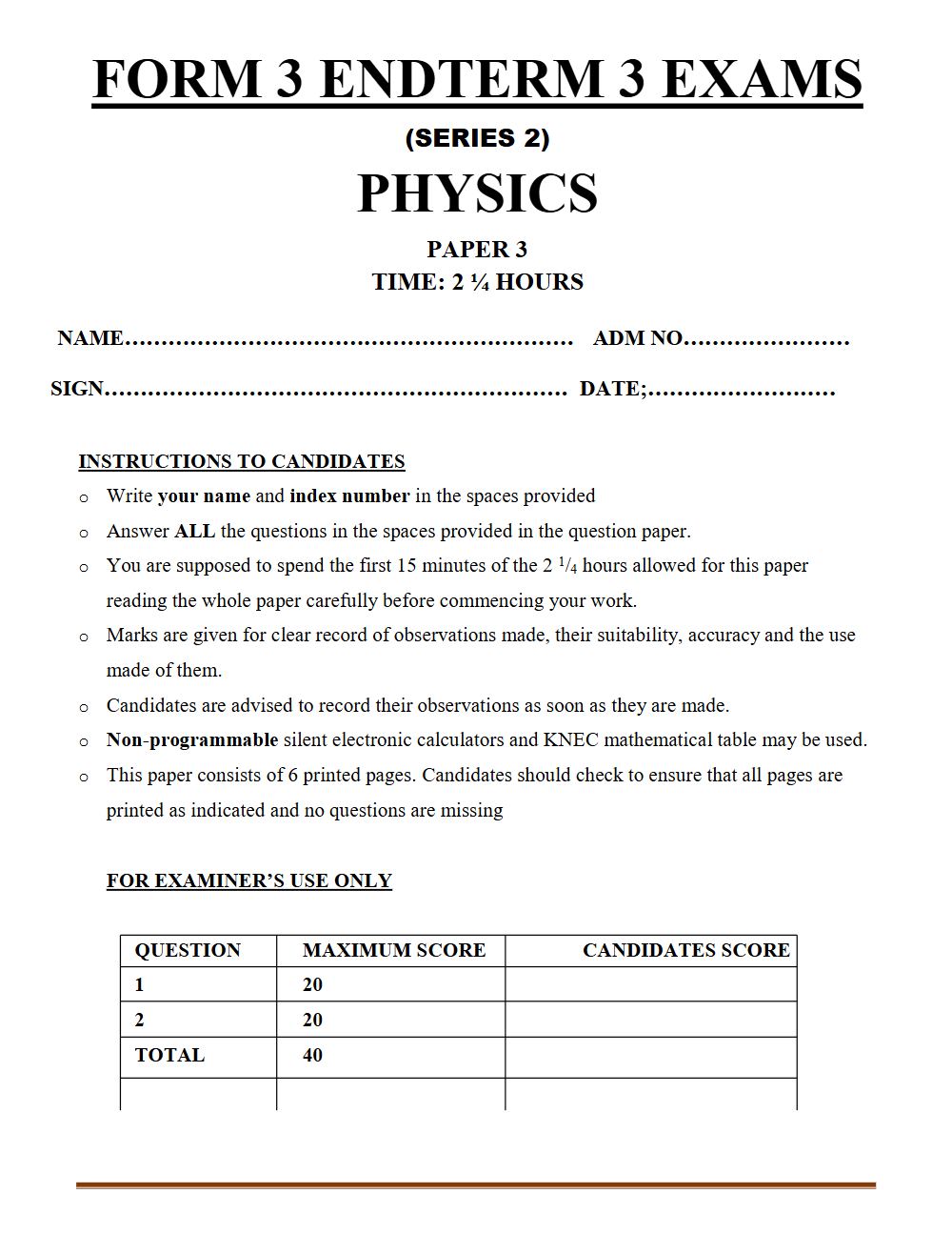 Thumbnail preview of Form 3 Physics Paper 3 Term 3 End Term 2026_2