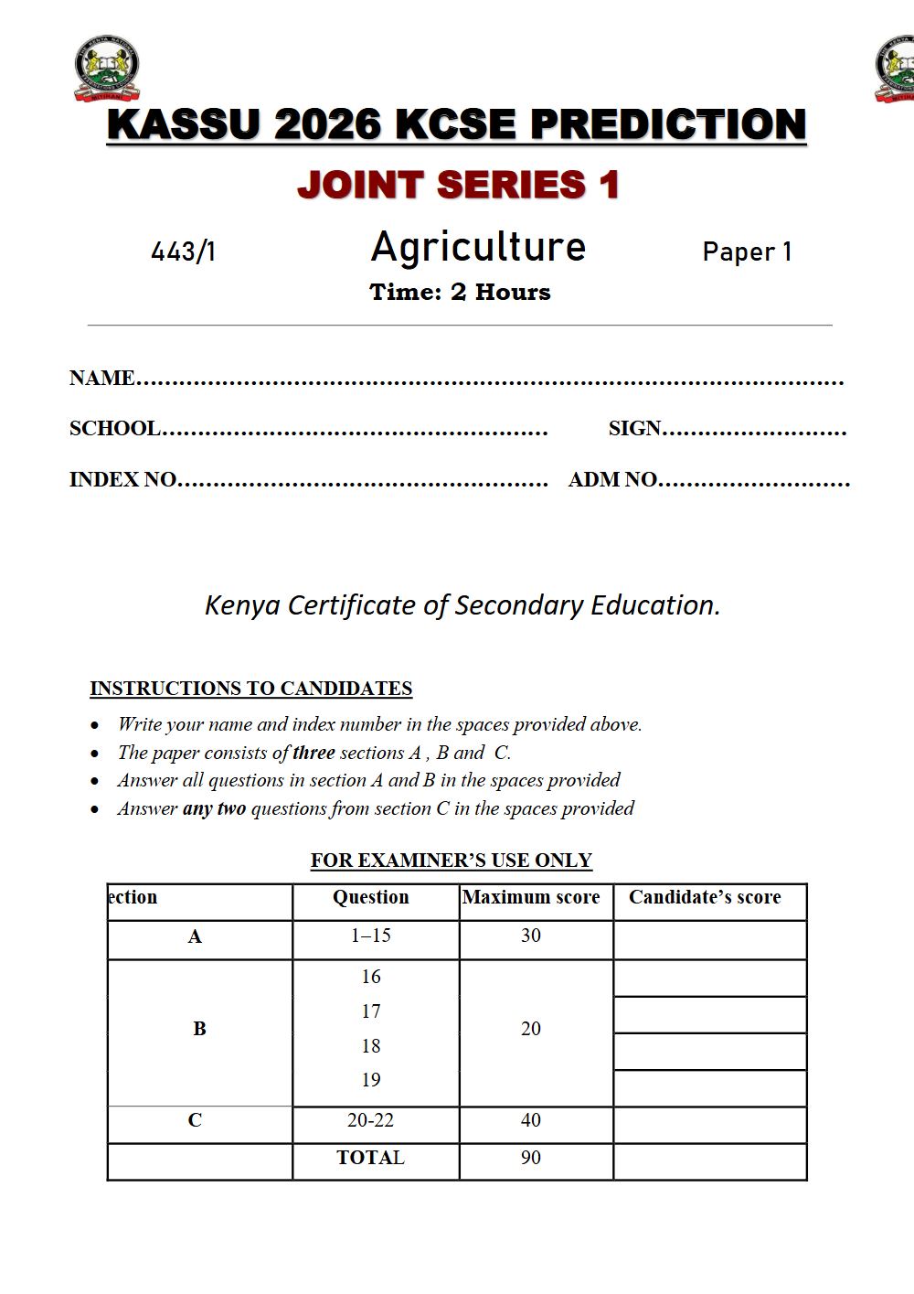 Preview of Form 4 KCSE Prediction Agriculture Paper 1 Prediction Paper 2026
