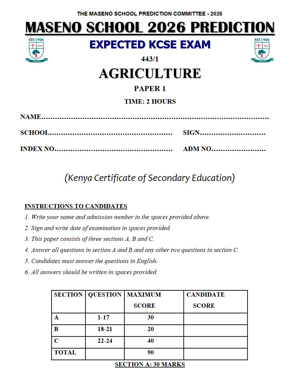 Thumbnail preview of Form 4 Agriculture Paper 1 KCSE Prediction 2026_23