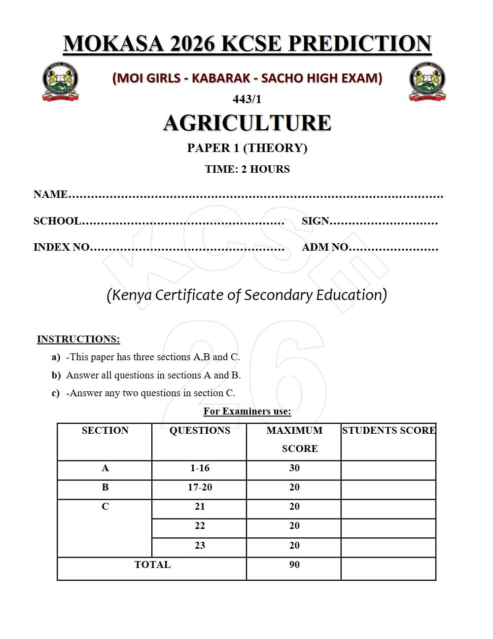Thumbnail preview of Form 4 Agriculture Paper 1 KCSE Prediction 2026_26