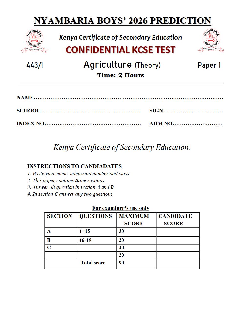 Thumbnail preview of Form 4 Agriculture Paper 1 KCSE Prediction 2026_28