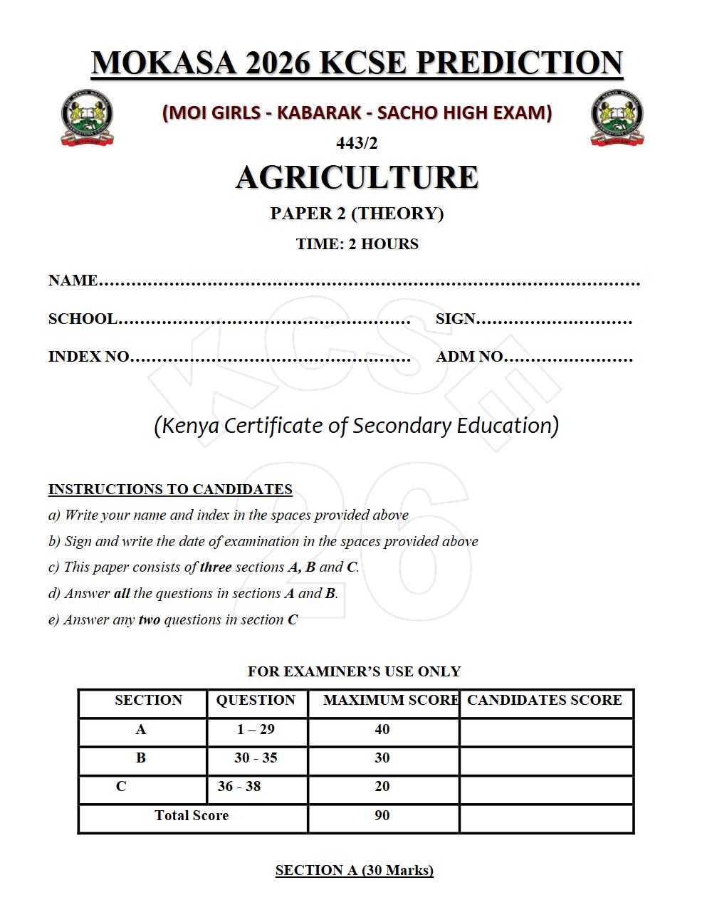 Thumbnail preview of Form 4 Agriculture Paper 2 KCSE Prediction 2026_26
