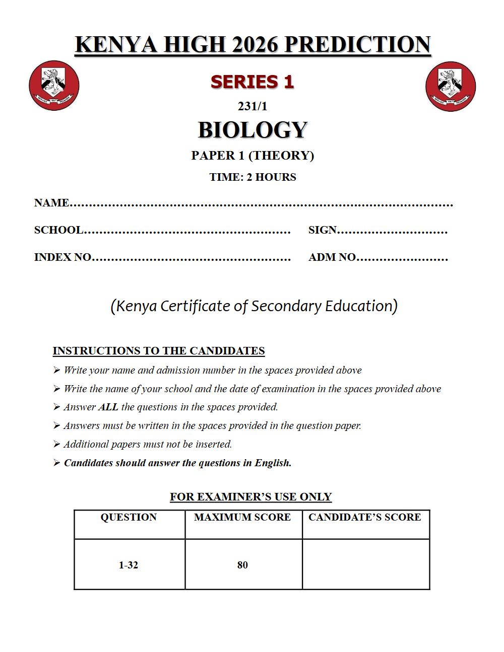 Preview of Form 4 KCSE Prediction Biology Paper 1 Prediction Paper 2026