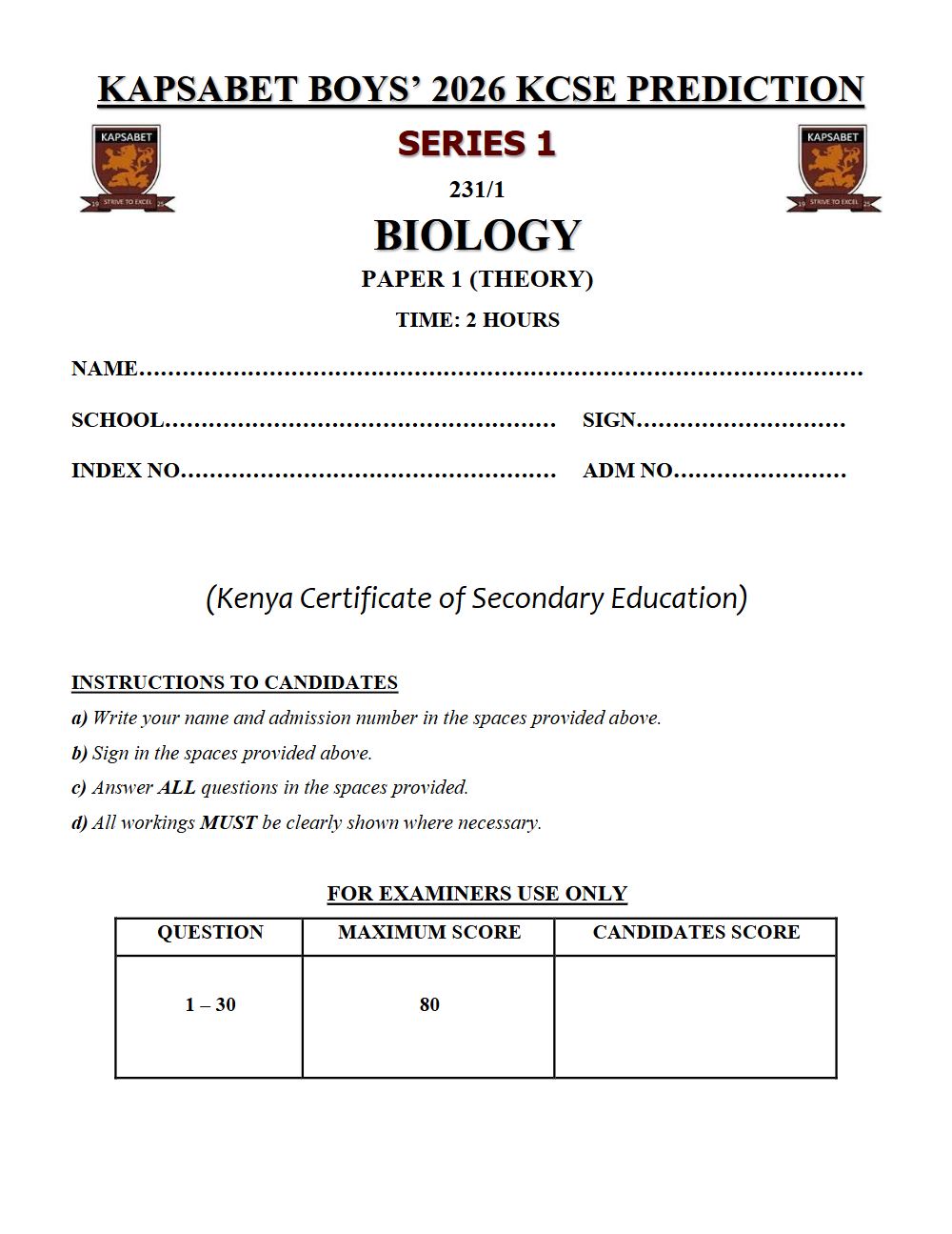 Preview of Form 4 KCSE Prediction Biology Paper 1 Prediction Paper 2026