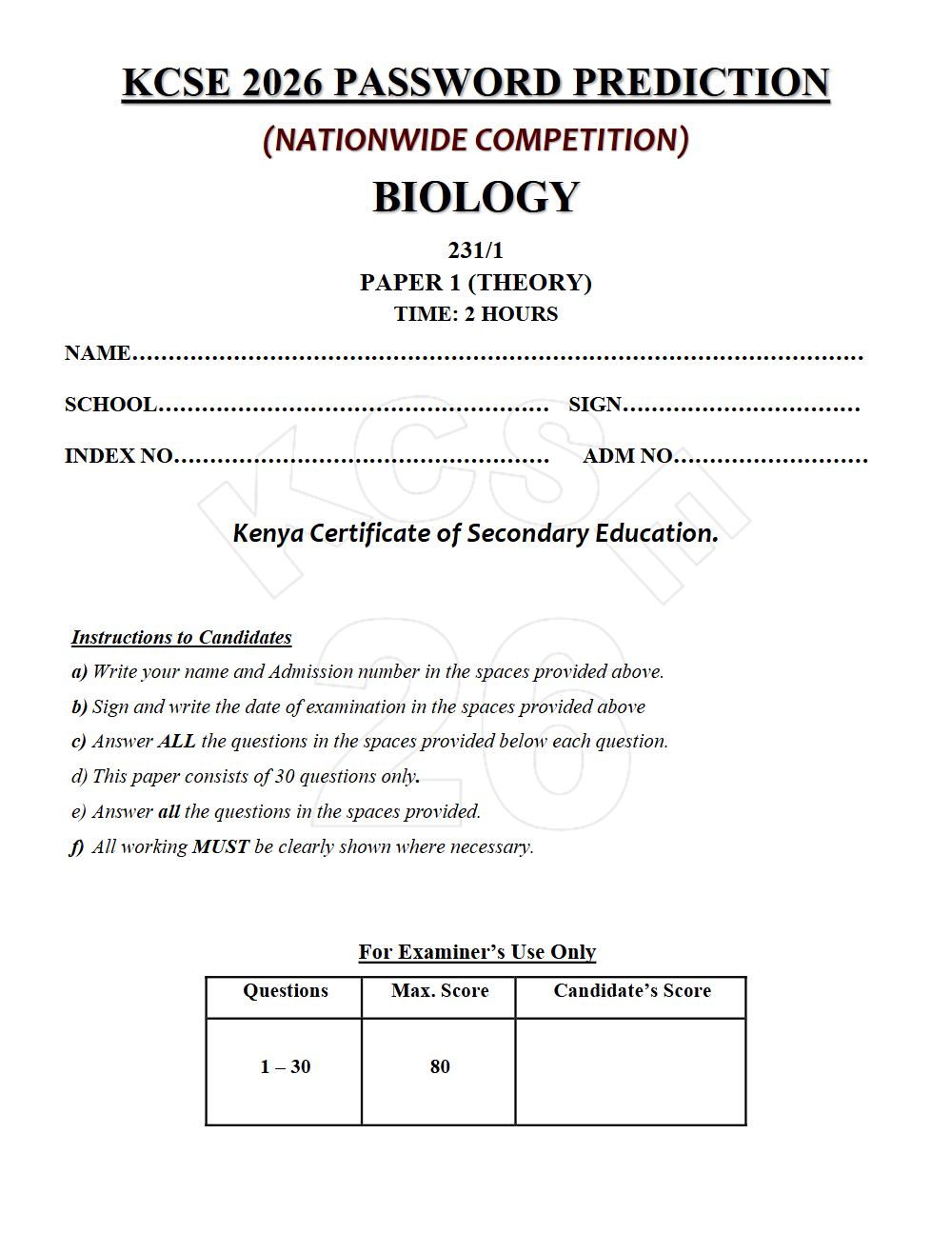 Preview of Form 4 KCSE Prediction Biology Paper 1 Prediction Paper 2026