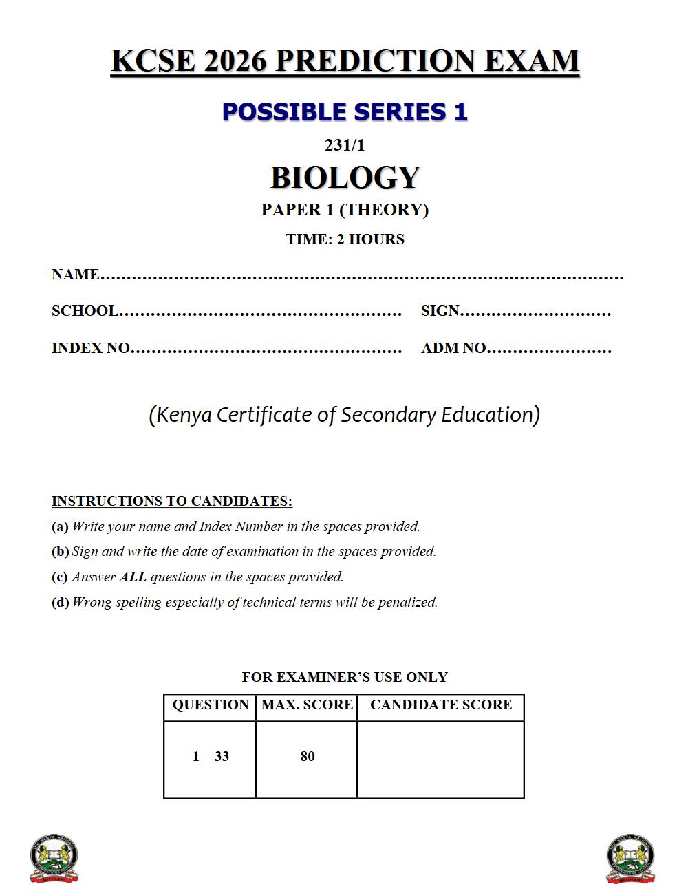 Preview of Form 4 KCSE Prediction Biology Paper 1 Prediction Paper 2026