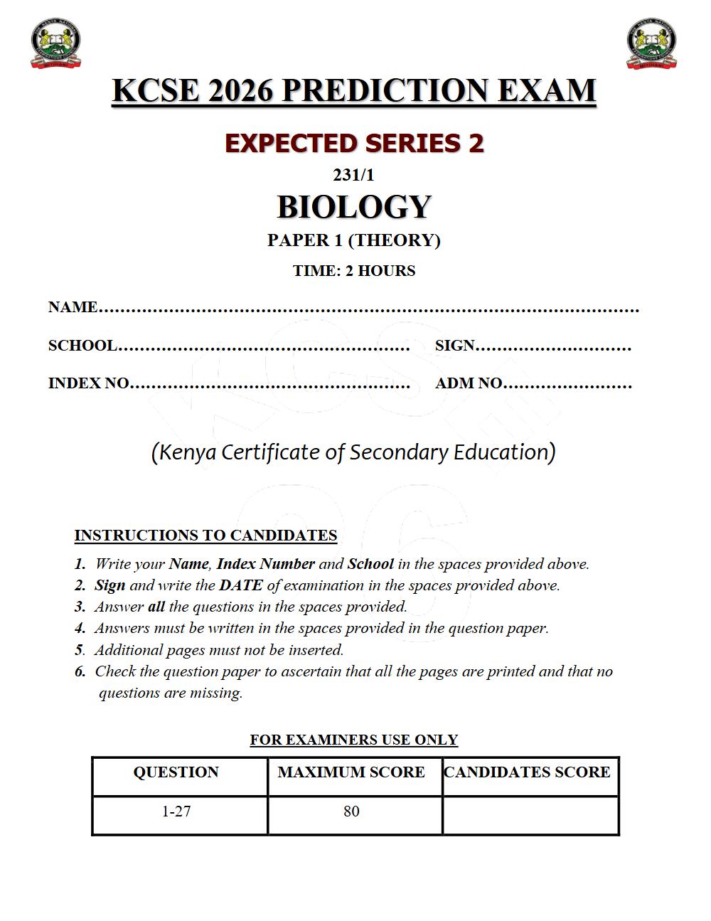 Preview of Form 4 KCSE Prediction Biology Paper 1 Prediction Paper 2026