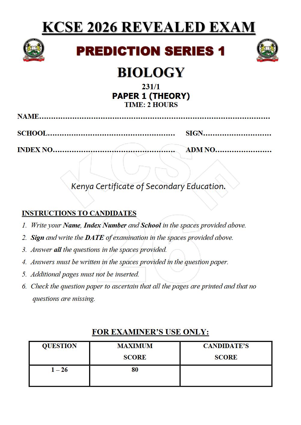 Preview of Form 4 KCSE Prediction Biology Paper 1 Prediction Paper 2026