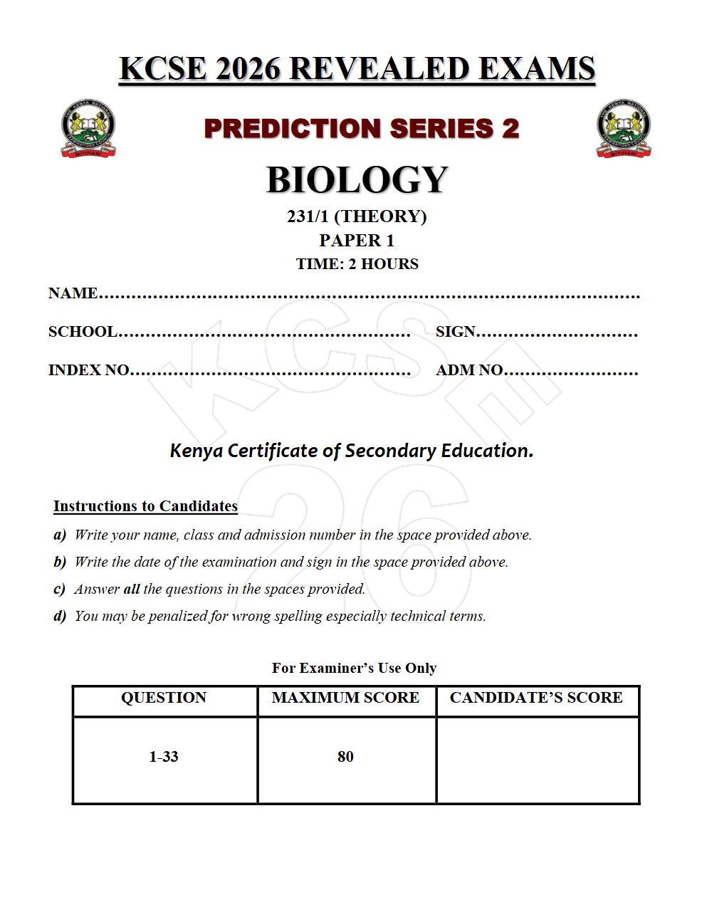 Preview of Form 4 KCSE Prediction Biology Paper 1 Prediction Paper 2026