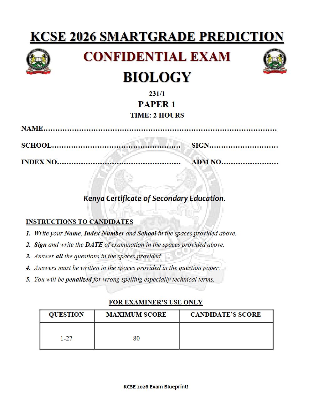 Preview of Form 4 KCSE Prediction Biology Paper 1 Prediction Paper 2026