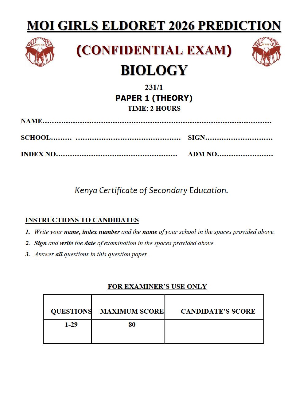 Preview of Form 4 KCSE Prediction Biology Paper 1 Prediction Paper 2026