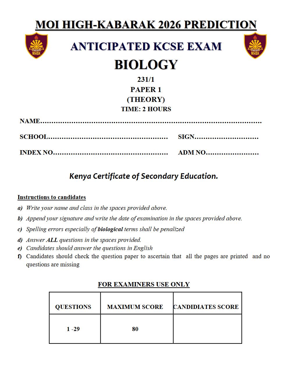 Preview of Form 4 KCSE Prediction Biology Paper 1 Prediction Paper 2026