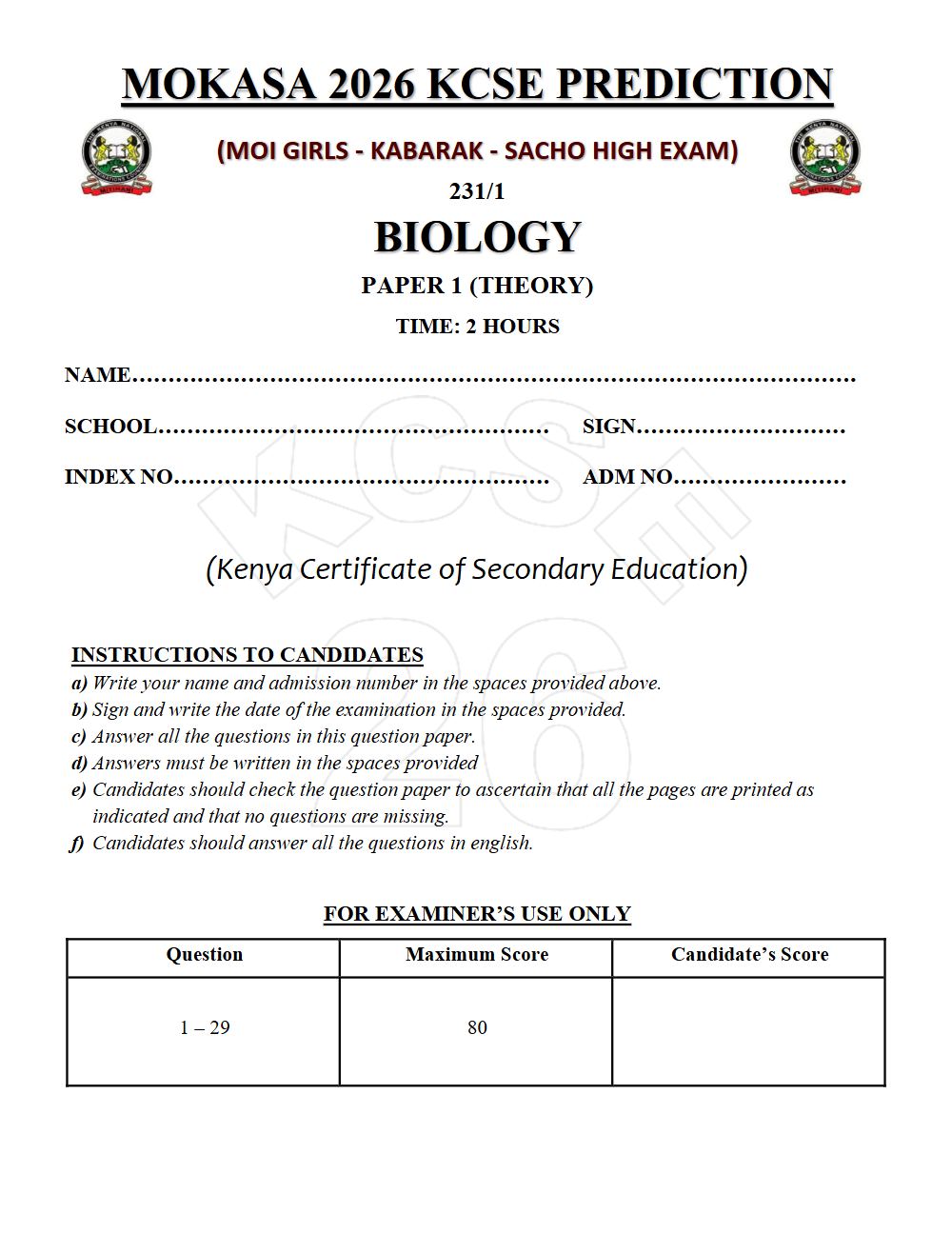 Preview of Form 4 KCSE Prediction Biology Paper 1 Prediction Paper 2026