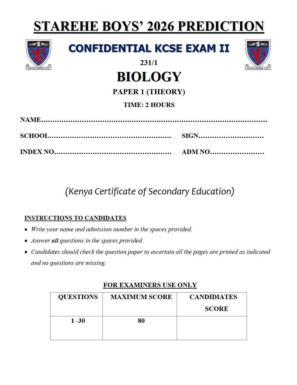 Thumbnail preview of Form 4 Biology Paper 1 KCSE Prediction 2026_30