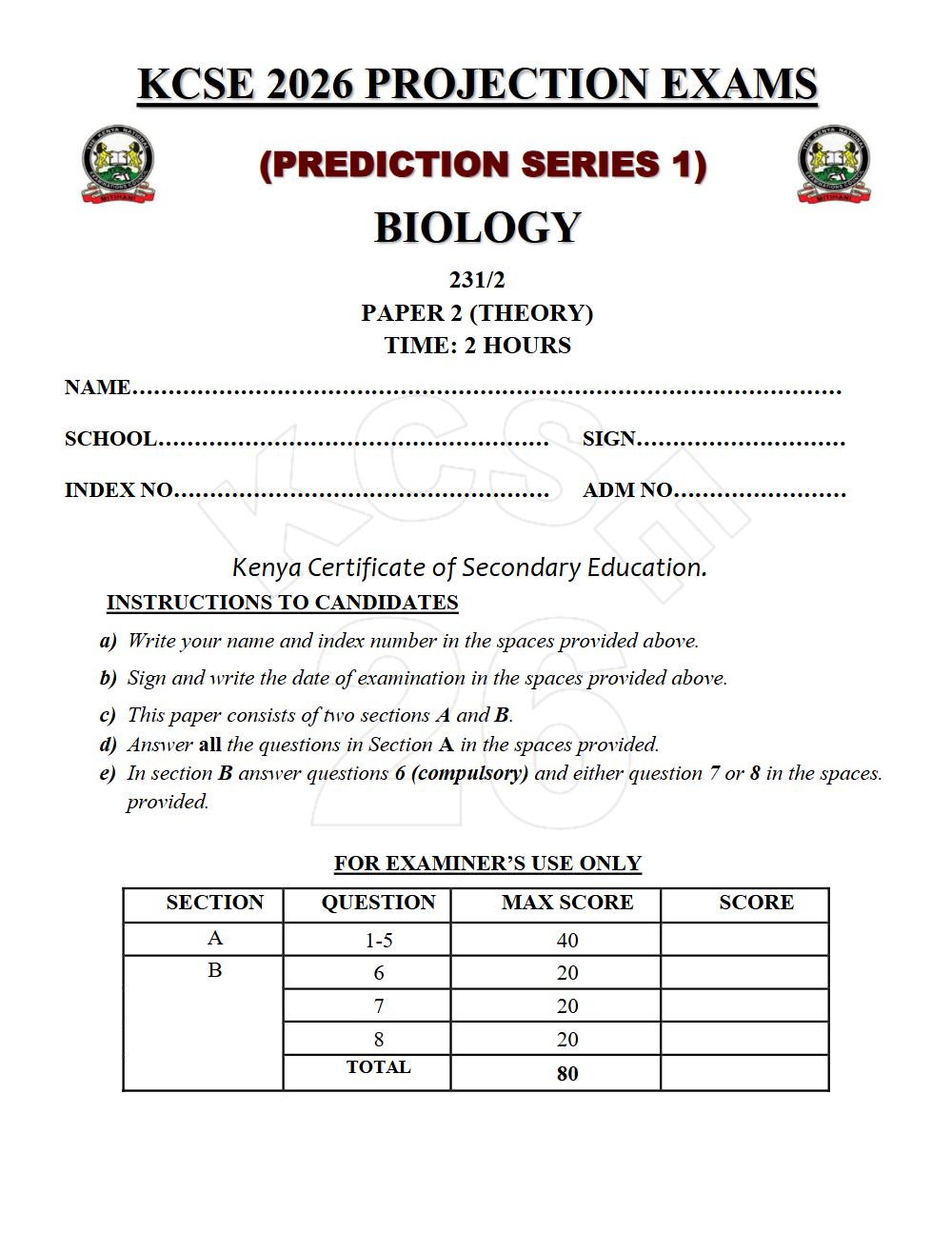 Preview of Form 4 KCSE Prediction Biology Paper 2 Prediction Paper 2026