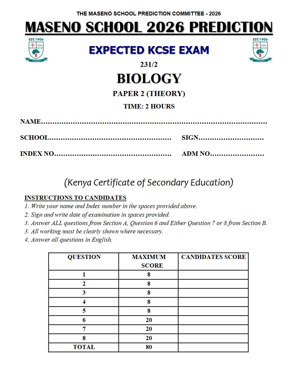 Thumbnail preview of Form 4 Biology Paper 2 KCSE Prediction 2026_23