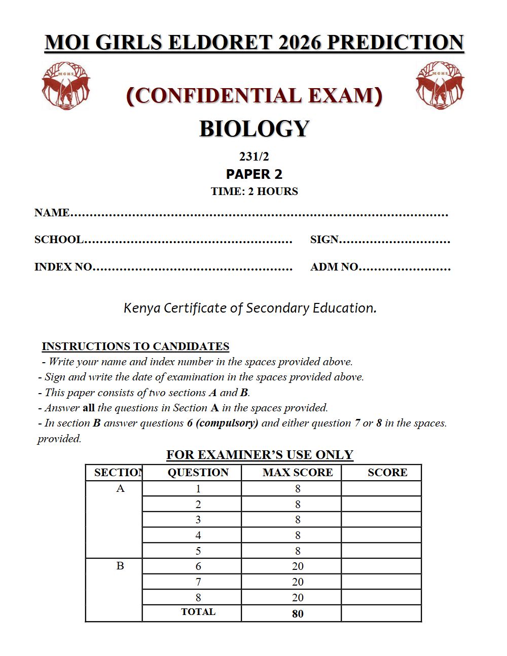 Preview of Form 4 KCSE Prediction Biology Paper 2 Prediction Paper 2026