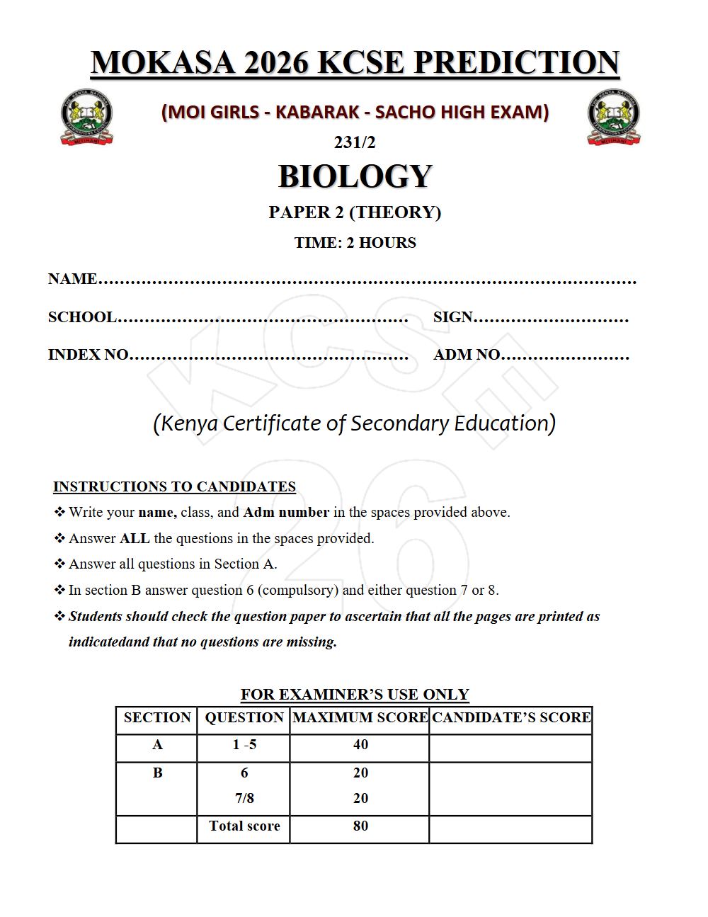 Thumbnail preview of Form 4 Biology Paper 2 KCSE Prediction 2026_26