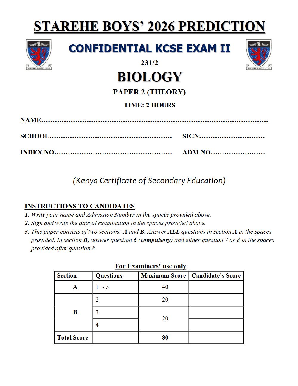 Preview of Form 4 KCSE Prediction Biology Paper 2 Prediction Paper 2026