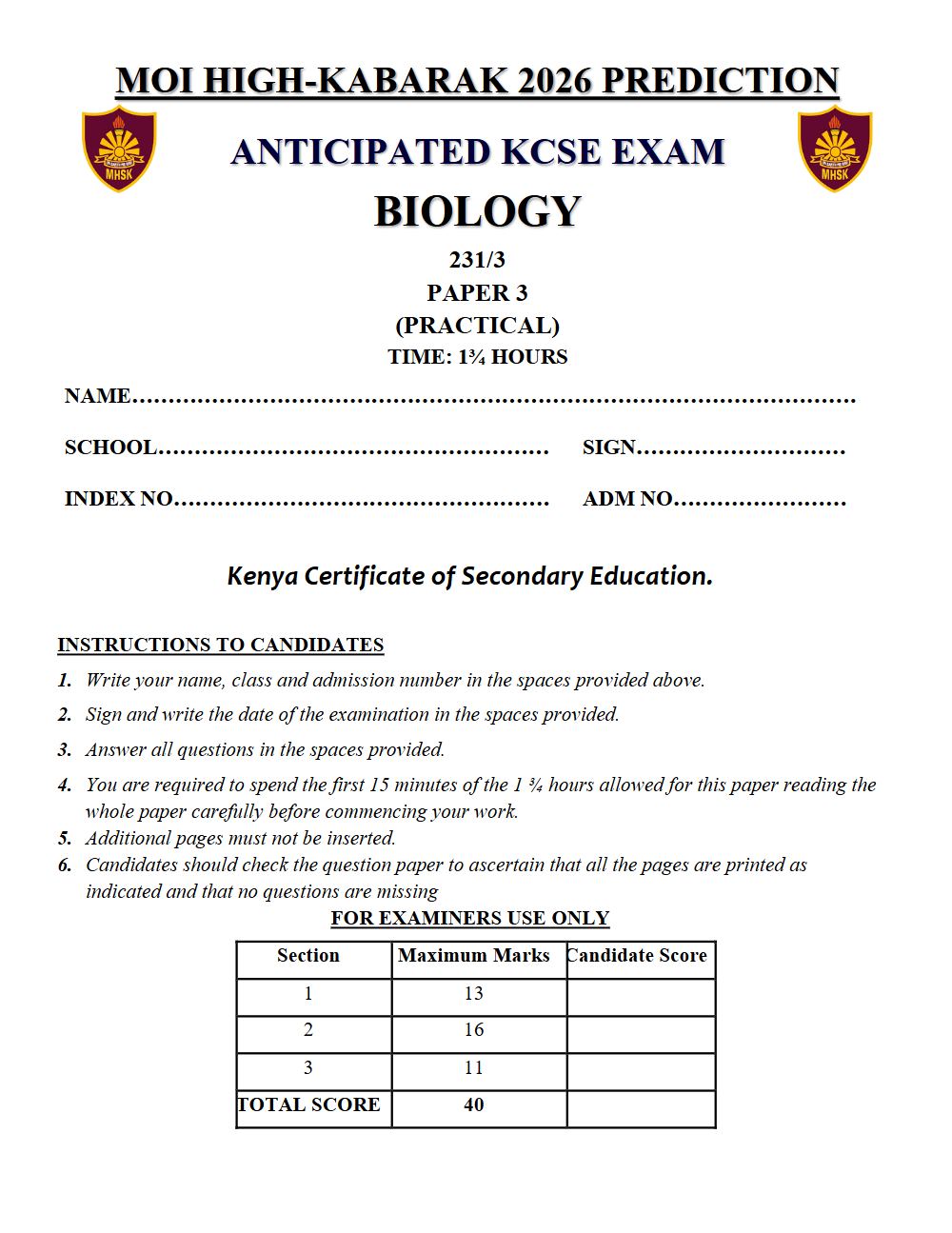Thumbnail preview of Form 4 Biology Paper 3 KCSE Prediction 2026_25