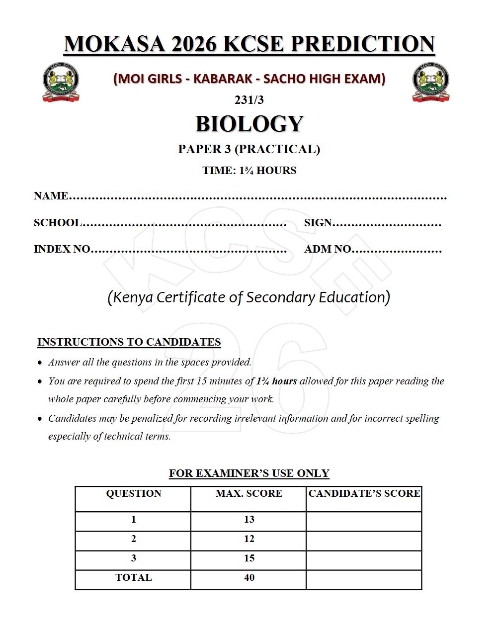 Thumbnail preview of Form 4 Biology Paper 3 KCSE Prediction 2026_26
