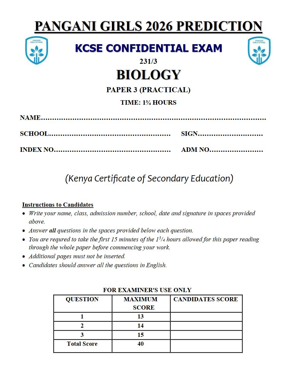 Thumbnail preview of Form 4 Biology Paper 3 KCSE Prediction 2026_29