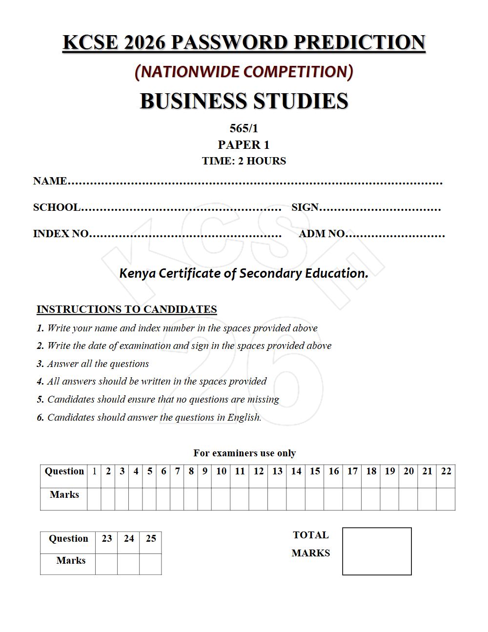 Preview of Form 4 KCSE Prediction Business Studies Paper 1 Prediction Paper 2026