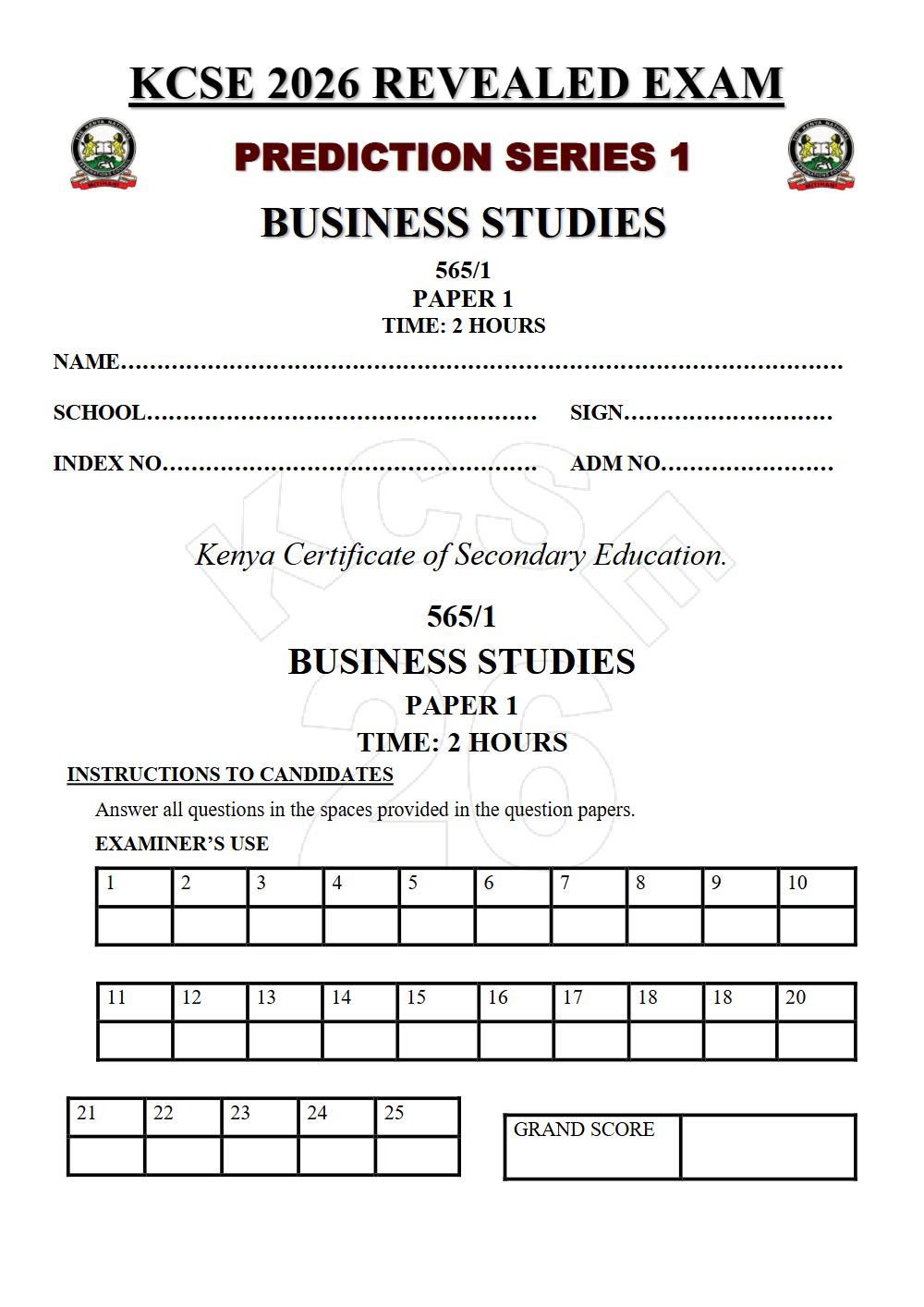 Thumbnail preview of Form 4 Business Studies Paper 1 KCSE Prediction 2026_17