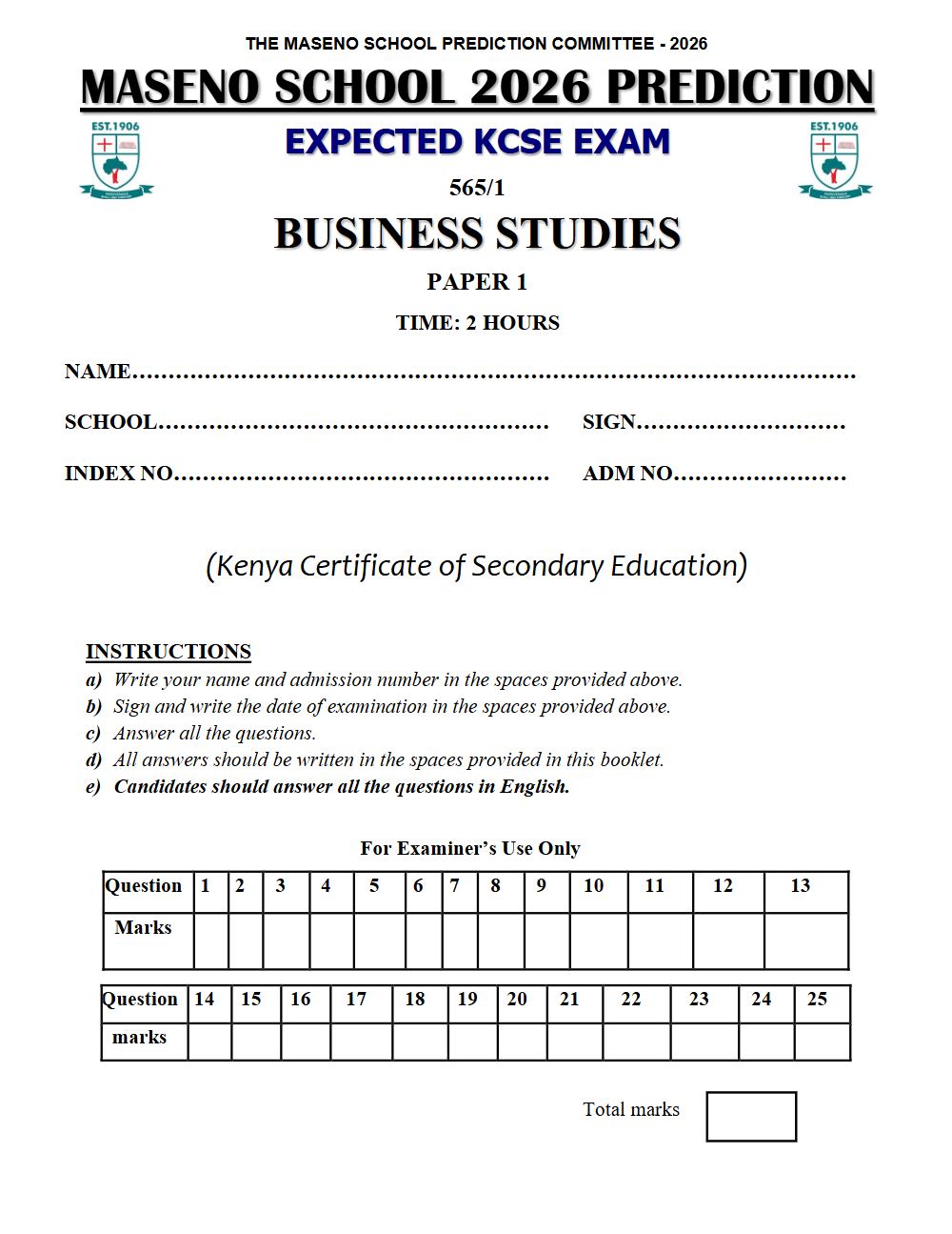Thumbnail preview of Form 4 Business Studies Paper 1 KCSE Prediction 2026_23