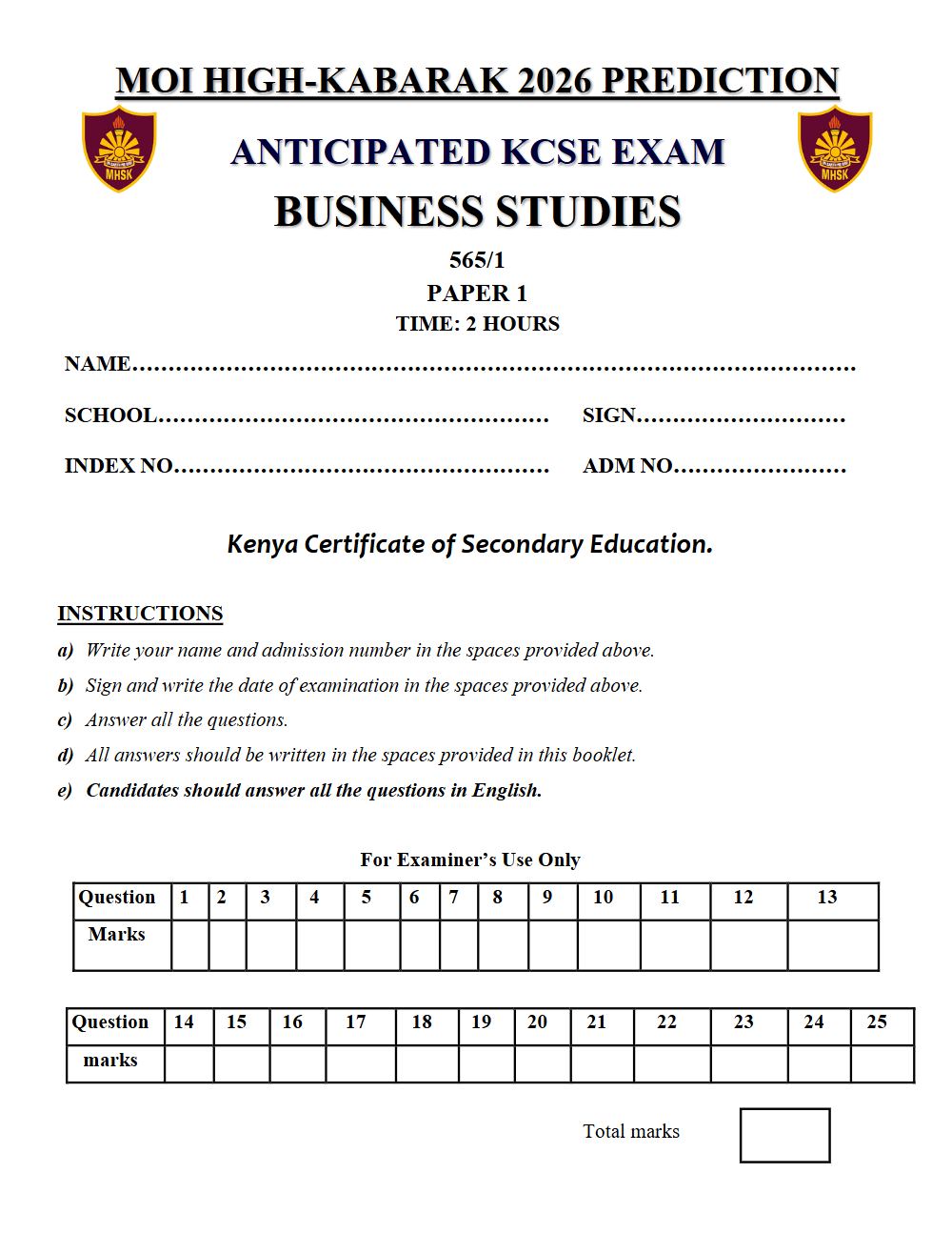 Thumbnail preview of Form 4 Business Studies Paper 1 KCSE Prediction 2026_25