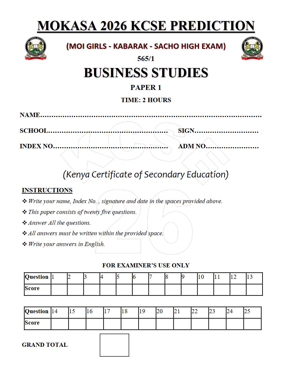 Thumbnail preview of Form 4 Business Studies Paper 1 KCSE Prediction 2026_26