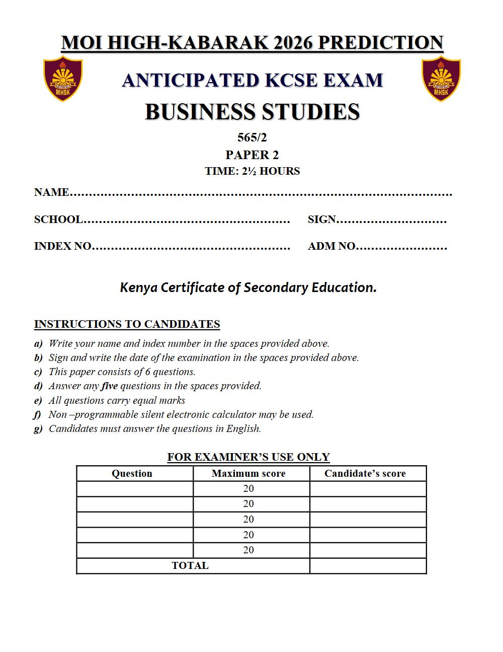 Thumbnail preview of Form 4 Business Studies Paper 2 KCSE Prediction 2026_25
