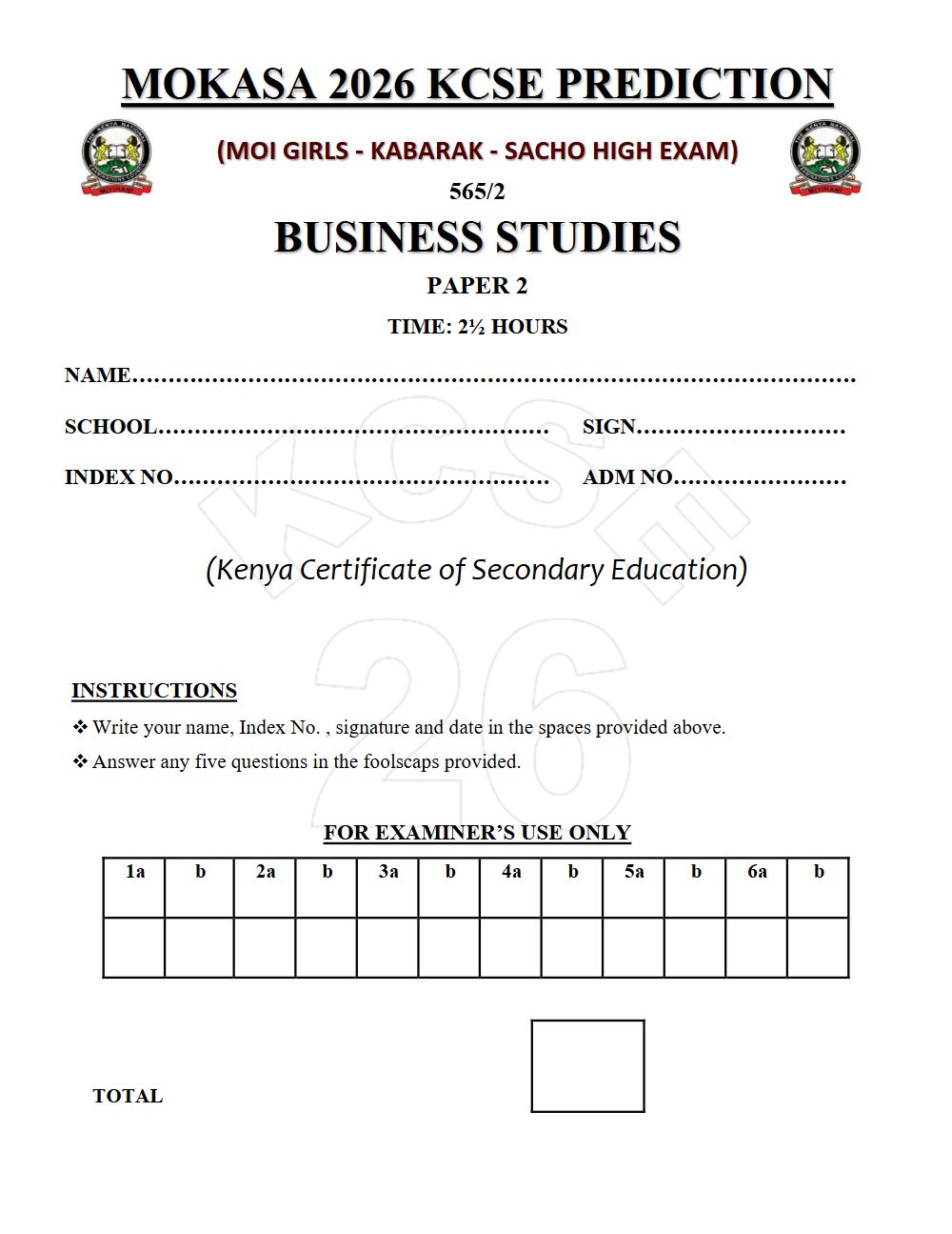 Thumbnail preview of Form 4 Business Studies Paper 2 KCSE Prediction 2026_26