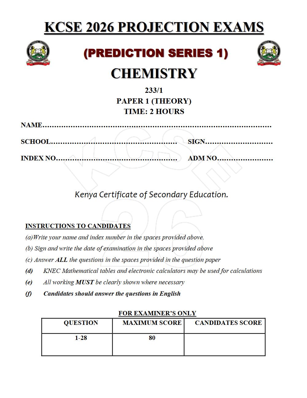 Preview of Form 4 KCSE Prediction Chemistry Paper 1 Prediction Paper 2026